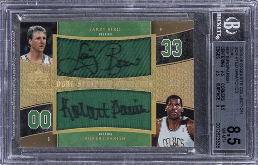 2005-06 UD "Exquisite Collection" Scripted Swatches Dual #BP Larry Bird/Robert Parish Dual Signed Game Used Patch Card (#2/5) - BGS NM-MT+ 8.5/BGS 10